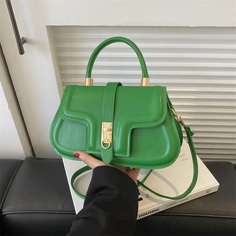 Minimalist PU Leather Saddle Bag For Women With Gold Hardware Chic Crossbody Shoulder Handbag Daily Casual Solid Color