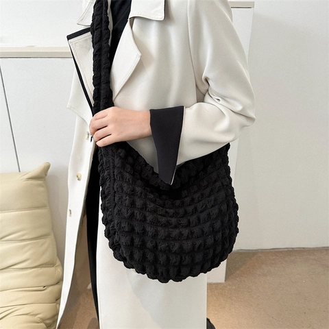 Bolso de Hombro Casual de Lona Simple para Mujer Bolso Tote Retro con Textura de Burbuja Gran Capacidad Bolso de Bandolera Uso Diario