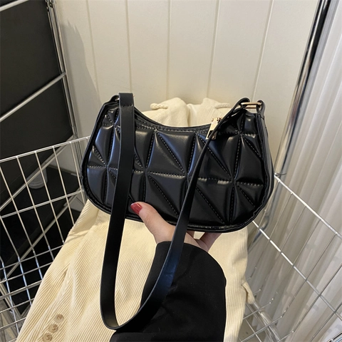 Retro Gesteppte Dreieck Muster PU Leder Unterarm Tasche Für Damen Trendy Halbmond Schultertasche Mit Gold Reißverschluss Alltag