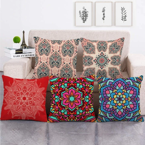 Ethnic Mandala Linen Cushion Cover Bohemian Geometric Flower Pattern Square Decorative Throw Pillow Case For Sofa Home Decor
