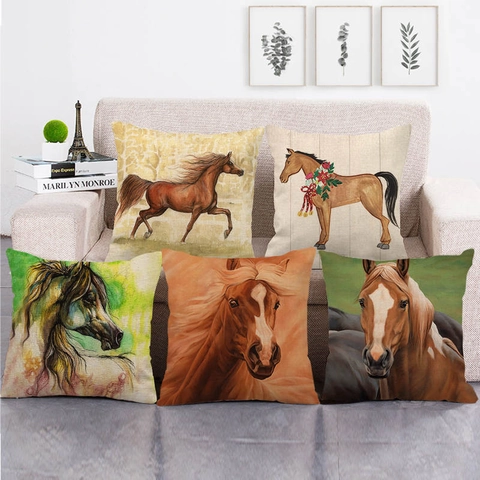 Funda de Cojín de Lino con Patrón de Caballo Salvaje Estilo Pintura al Óleo Artístico Decorativo para Sofá Hogar Cuadrado