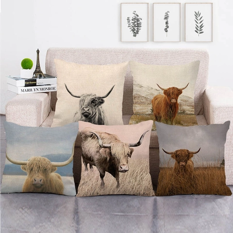 Highland Cow Decorative Cushion Cover Linen Pillowcase Scottish Cattle Print Square Couch Throw Pillow Case Home Decor