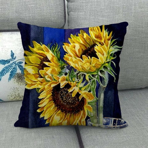 Fodera per Cuscino Decorativa in Lino con Girasoli Quadrata Stampa Floreale Artistica con Animali per Soggiorno