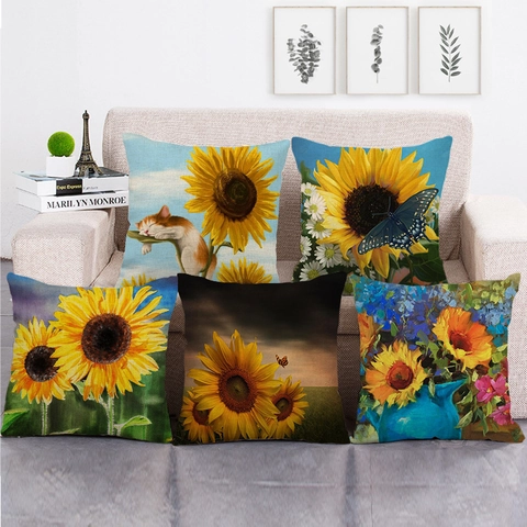 Fodera per Cuscino Decorativa in Lino con Girasoli Quadrata Stampa Floreale Artistica con Animali per Soggiorno