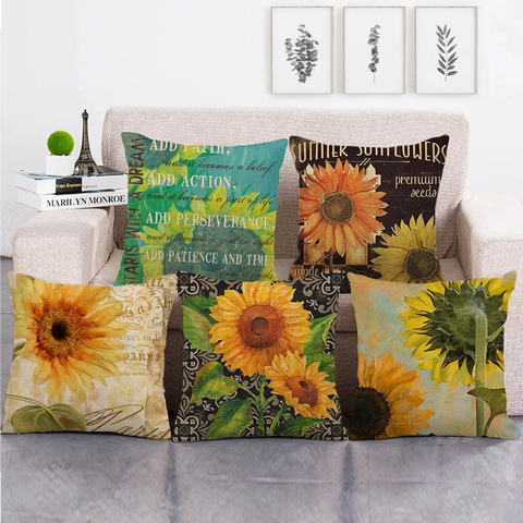 Vintage Sunflower Linen Throw Pillow Case Decorative Square Cushion Cover For Sofa Couch Home Living Room Decor