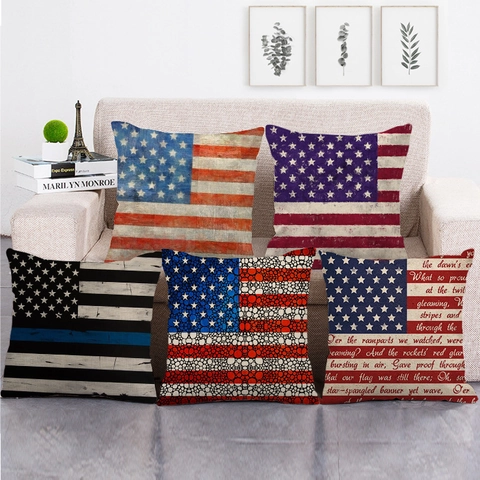 Vintage US Flag Linen Decorative Pillow Cover Stars And Stripes Patriotic Square Throw Cushion Case For Sofa Home Decor
