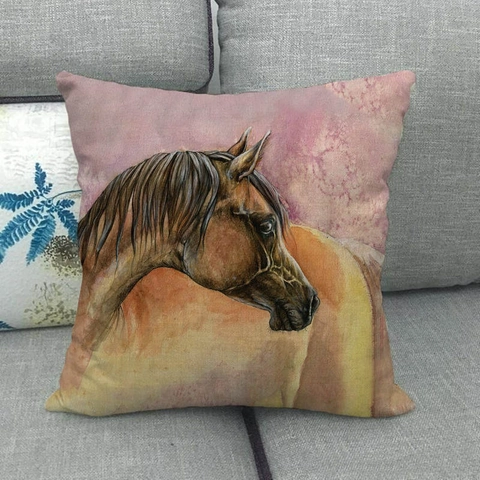 Linen Horse Pattern Cushion Cover Artistic Watercolor Wild Horse Portrait Square Pillow Case For Sofa Home Decor Living Room Bedroom