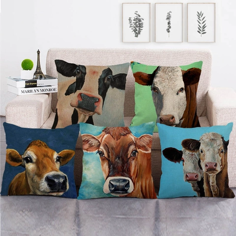 Cow Cattle Oil Painting Style Linen Throw Pillow Case Square Farmhouse Rustic Cushion Cover For Sofa Living Room Home Decor