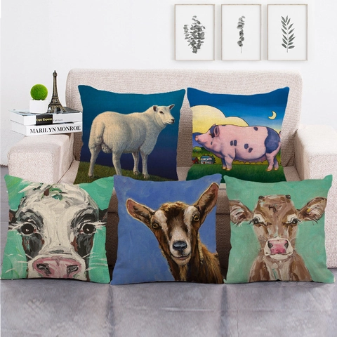 Linen Cushion Cover Animal Pattern Artistic Oil Painting Style Square Decorative Pillowcase