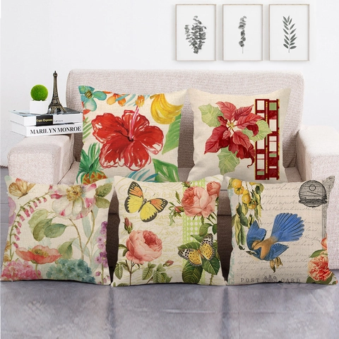 Vintage Blumen Vögel Leinen Kissenbezug Quadratisch Tropen Pflanze Weihnachten Druck Deko Kopfkissenhülle Heimtextil