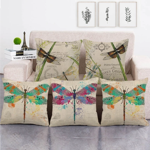 Housse de Coussin en Mélange de Lin Libellule Style Français Vintage Taie d'Oreiller Carrée Motif Botanique Rétro Décor Maison