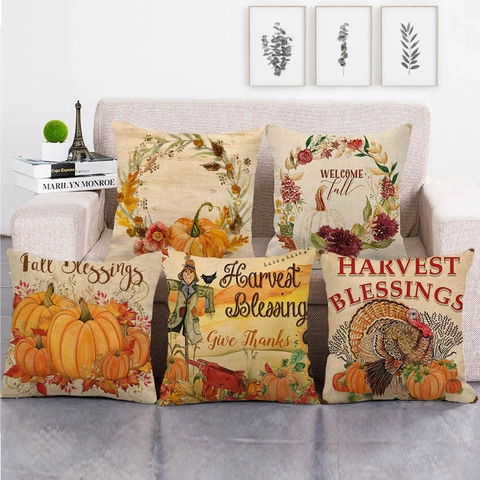 Thanksgiving Harvest Pumpkin Linen Decorative Pillowcase Fall Autumn Sunflower Wreath Print Cushion Cover For Couch Home Decor 45x45cm