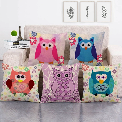 Federa Decorativa Serie Gufo Cartone Animato in Stile Lino Copricuscino Quadrato per Divano Camera da Letto Casa