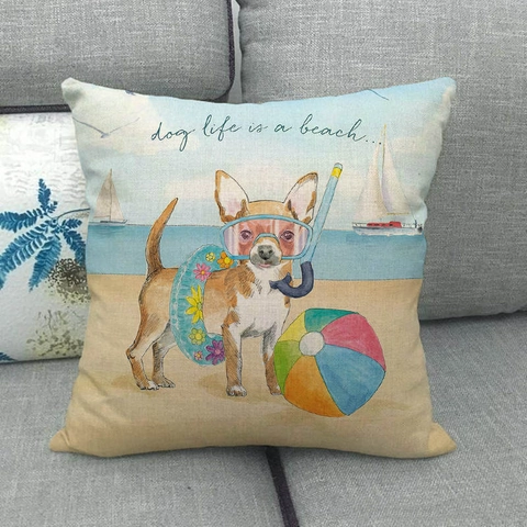 Summer Beach Dog Linen Pillowcase Decorative Nautical Pet Theme Cushion Cover For Sofa Living Room Home Decor