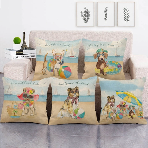 Summer Beach Dog Linen Pillowcase Decorative Nautical Pet Theme Cushion Cover For Sofa Living Room Home Decor