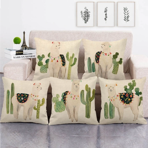 Aquarel Alpaca En Cactus Linnen Kussenhoes Vierkante Decoratieve Kussensloop Voor Sofa Couch Home Decor Geen Inzet