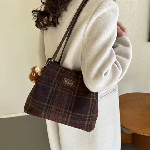 Borsa Tote In Lana A Quadri Vintage Da Donna Borsa A Spalla Di Grande Capacità Con Simpatico Ciondolo In Peluche