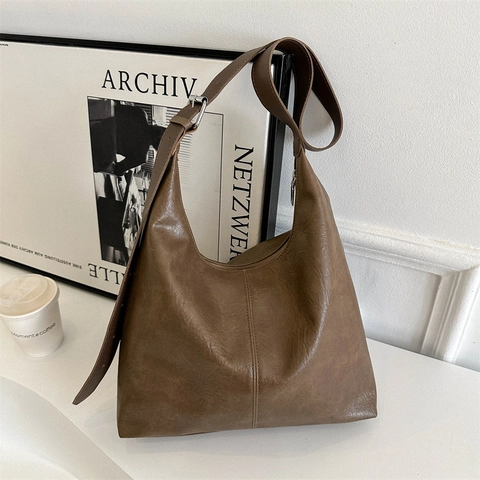 Bolso de Hombro para Mujer Gran Capacidad Vintage Cuero PU Bolso Tote Color Sólido Bolso Hobo Correa Ajustable para Diario