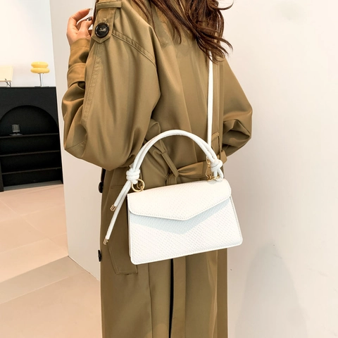 Fashion PU Leather Shoulder Bag For Women Vintage Texture Small Square Bag With Knot Handle Golden Hardware Crossbody Bag