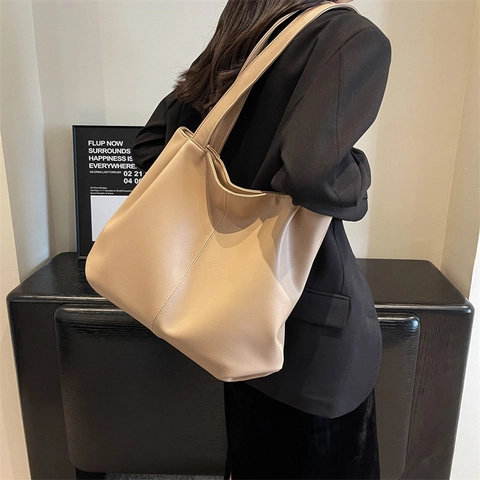 Vintage Minimalist PU Faux Leather Large Capacity Tote Bag For Women Casual Commuting Shoulder Bag With Lychee Texture