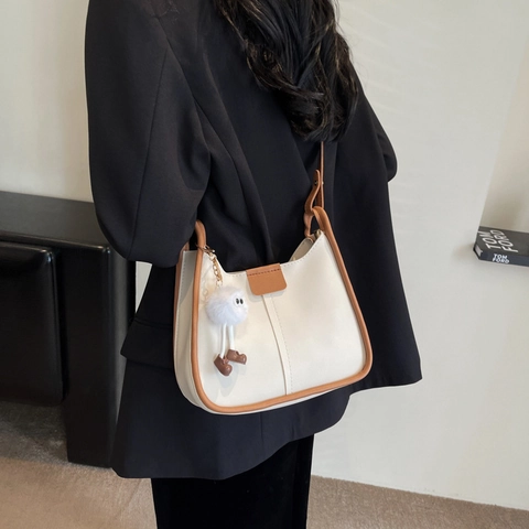 Borsa A Spalla In Pelle PU Donna Retro Hobo Borsa A Tracolla Con Simpatico Ciondolo Mostro Peluche Cuciture Verticali
