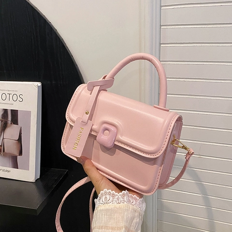 Women Shoulder Crossbody Bag PU Leather Small Square Handbag Flap Magnetic Buckle Hanging Tag Retro Simple Casual Daily