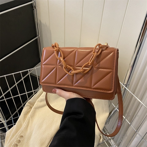 Dames Mode Gewatteerde Geometrische Schoudertas PU Leer Crossbody Kleine Vierkante Tas Met Resin Dikke Ketting Decor Handtas