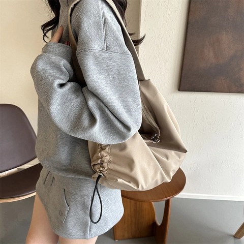 Bolso de Hombro Tote de Lona de Gran Capacidad para Mujer Minimalista Casual Color Sólido Cordón Bolso Hobo Viaje Diario Bolso Bandolera