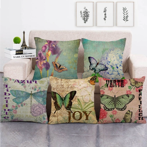 Federa per Cuscino in Lino Vintage Motivo Farfalla Fiore Scritta Francese Federa Decorativa Per Divano Casa Soggiorno Decorazione
