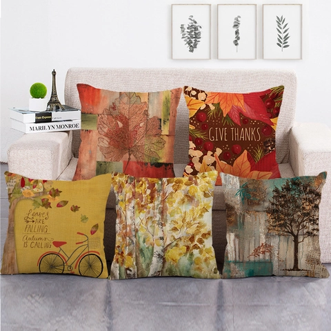 Herfst Oogst Linnen Kussensloop Thanksgiving Esdoornbladeren Pompoen Print Vierkante Kussenhoes Voor Bank Woonkamer Decor