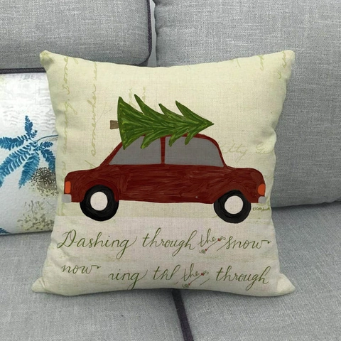 Weihnachts Kissenbezug Leinenoptik Roter LKW Weihnachtsbaum Vintage Bauernhaus Dekoration Urlaub Sofa Kissenhülle Quadratisch