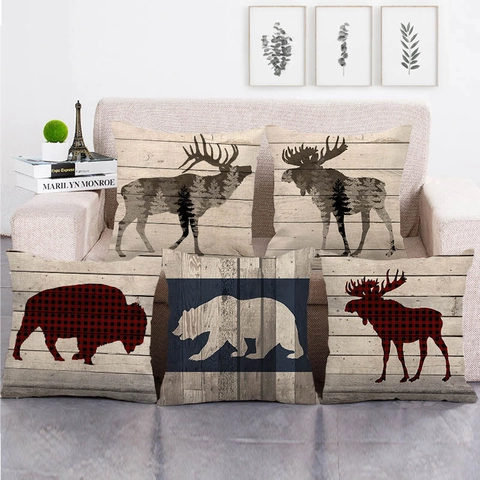 Taie d'Oreiller Silhouette d'Animaux Sauvages Grain de Bois Housse de Coussin Décorative Rustique Style Ferme