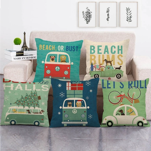 Fodera per Cuscino in Lino Stampa Retro Auto Cartone Animato Cane Domestico Quadrata per Decorazione Casa Soggiorno Divano