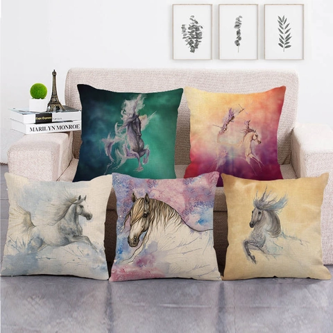 Artistic Horse Pattern Linen Cushion Cover Watercolor Animal Digital Print Square Pillowcase For Home Sofa Living Room Decor