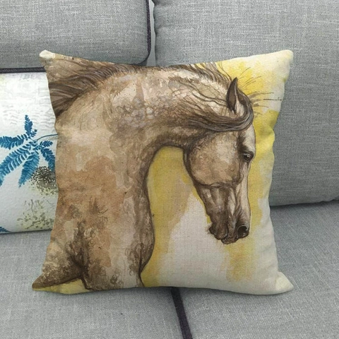 Artistic Horse Pattern Linen Cushion Cover Watercolor Animal Digital Print Square Pillowcase For Home Sofa Living Room Decor