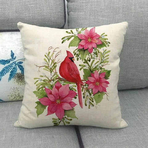 Kerst Kardinaal Poinsettia Linnen Sierkussen Sloop Winter Vogel Decoratieve Kussenhoes Voor Sofa Thuis Decor Feestdagen Cadeau