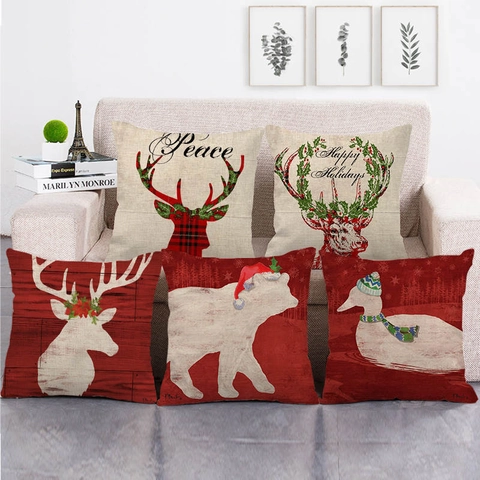 Weihnachten Kissenbezug Leinen Quadrat Rentier Schneemann Eisbär Muster Dekorativer Kissenhülle Für Zuhause Feiertag Winter Dekor