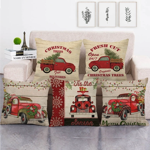 Weihnachts Kissenbezug Leinenoptik Roter LKW Weihnachtsbaum Vintage Bauernhaus Dekoration Urlaub Sofa Kissenhülle Quadratisch