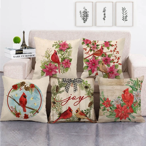 Kerst Kardinaal Poinsettia Linnen Sierkussen Sloop Winter Vogel Decoratieve Kussenhoes Voor Sofa Thuis Decor Feestdagen Cadeau