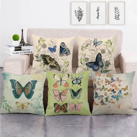 Fodera Per Cuscino Farfalla Floreale Lino Acquerello Stile Rustico Copricuscino Per Divano Soggiorno Vintage Decorativo
