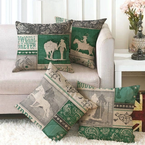 Vintage Western Cowboy Style Linen Decorative Pillow Case Cowgirl Horse Pattern Square Cushion Cover For Sofa Home Decor