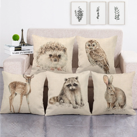 Funda De Cojín Animales Del Bosque Acuarela Lino Cuadrada Para Sofá Decoración Hogar Granja Rústica Erizo Zorro Búho