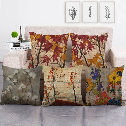 Leinen Kissenbezug Quadratisch Ölgemälde Ahornblatt Blumenmuster Künstlerischer Dekorativer Kissenhülle Für Sofa