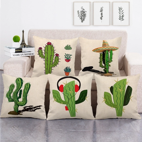 Cactus Succulent Linnen Decoratieve Kussensloop Kussenhoes Voor Sofa Woonkamer Vierkant Tropisch Plantenpatroon Woondecoratie
