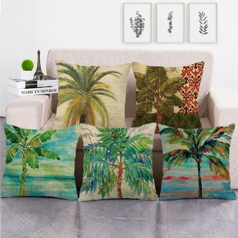 Tropical Palm Tree Cushion Cover Linen Vintage Oil Painting Decorative Pillow Case For Sofa Living Room Home Decor