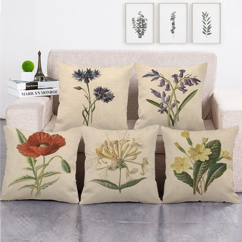 Vintage Bloemen Linnen Kussensloop Decoratief Vierkant Botanische Print Kussenhoes Voor Bank Woonkamer Huis Decoratie