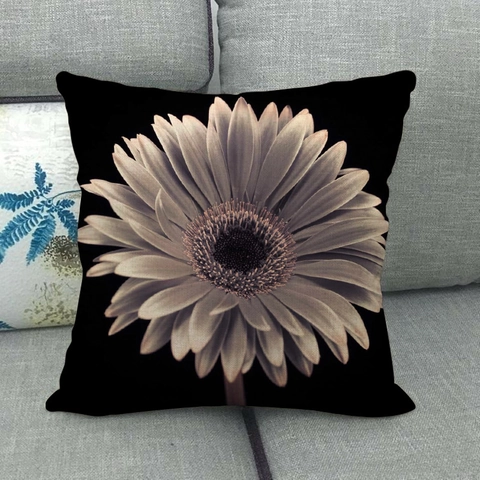 Gerbera Gänseblümchen Floral Leinen Kissenbezüge Schwarzer Hintergrund Quadratische Kissenhülle Für Heim Sofa Dekor