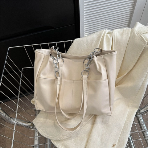 Women Large Capacity PU Leather Tote Bag With Metal Chain Shoulder Strap Casual Commute Office Solid Color Handbag