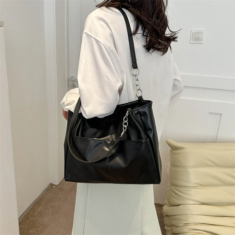 Women Large Capacity PU Leather Tote Bag With Metal Chain Shoulder Strap Casual Commute Office Solid Color Handbag