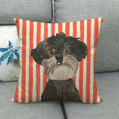 Federa Per Cuscino Cane Lino Sfondo Geometrico Illustrazione Fatta A Mano Divano Arredamento Casa Moderno Artistico